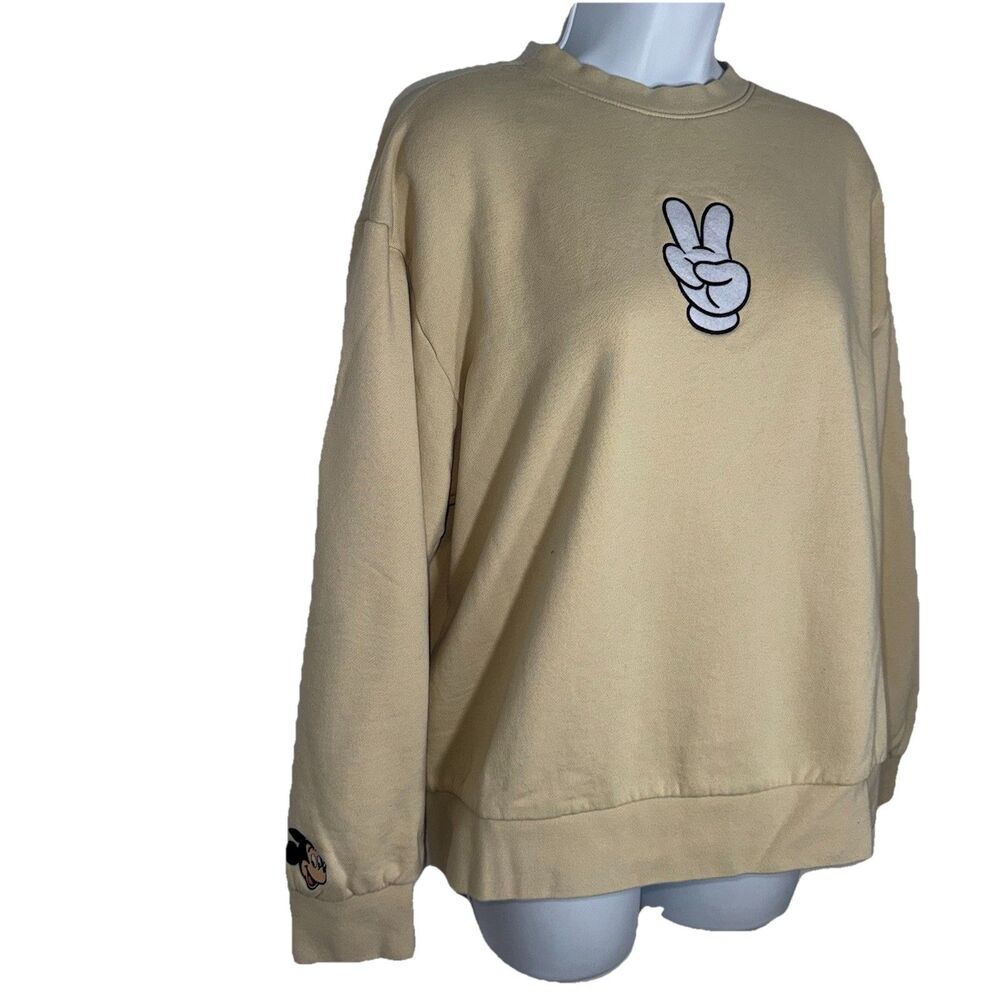 Disney Parks Women Medium Tan Mickey Mouse Peace Sign Pullover Crew Sweatshirt